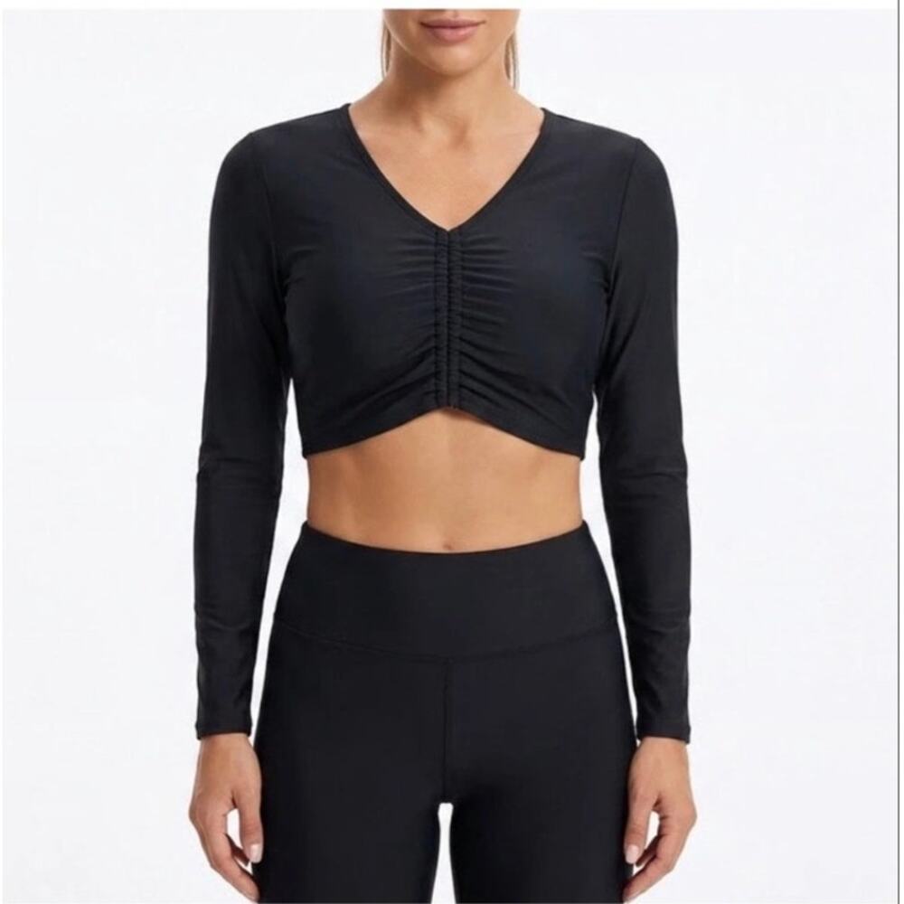 Calia Black Long Sleeve Ruched Front V-Neck Crop Athletic Ballet Top Small
